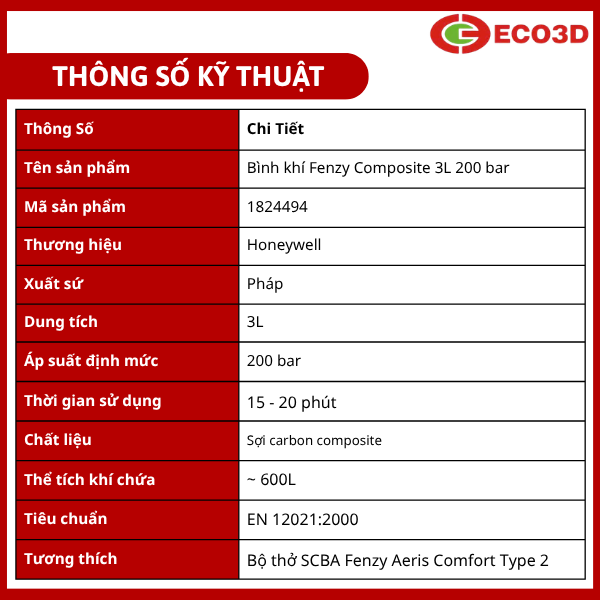 B&igrave;nh kh&iacute; Fenzy Composite 3L 200 bar 