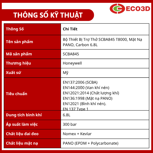 Bộ thiết bị trợ thở SCBA845 T8000, mặt nạ PANO, Carbon 6.8L