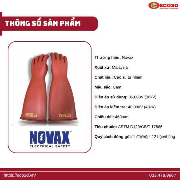 Thông số kỹ thuật găng tay cách điện Novax 36000V