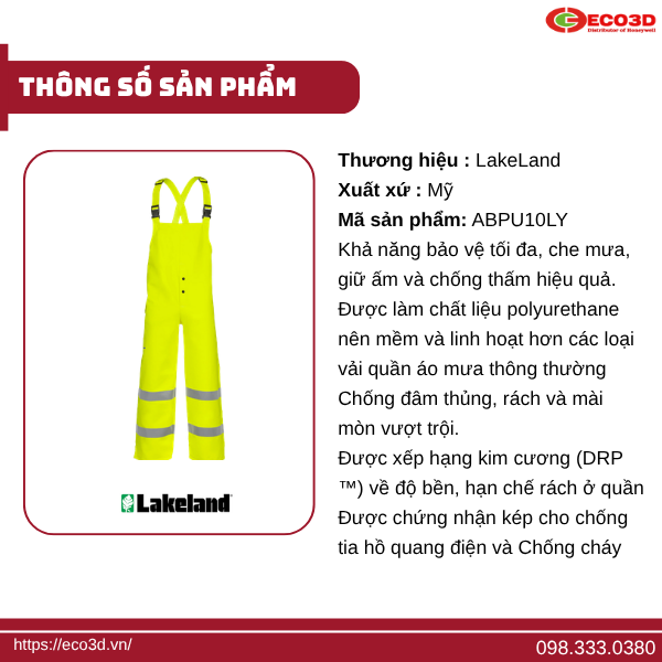 THÔNG SỐ KỸ THUẬT QUẦN YẾM ĐI MƯA CHỐNG HỒ QUANG ĐIỆN LAKELAND 