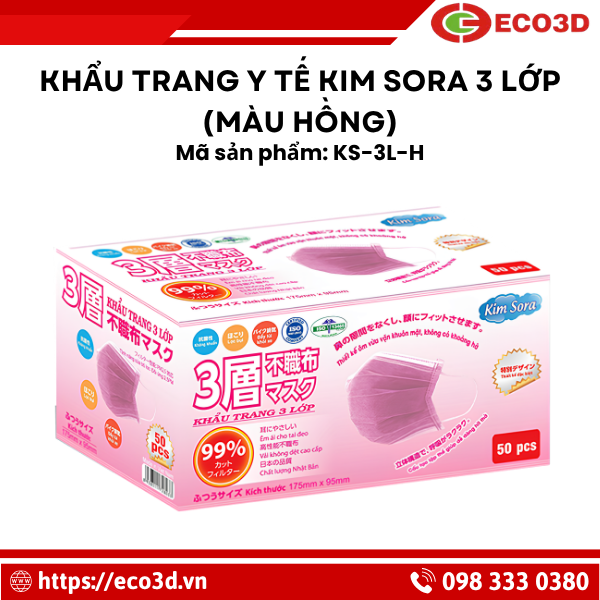 Khẩu trang y tế Kim Sora 3 lớp (M&agrave;u hồng) 