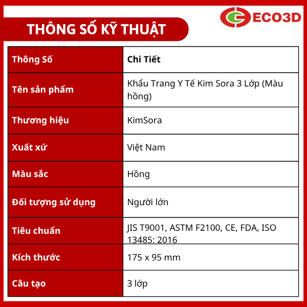 Khẩu trang y tế Kim Sora 3 lớp (M&agrave;u hồng) 