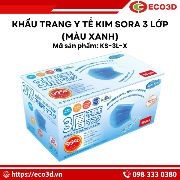 Khẩu trang y tế Kim Sora 3 lớp (M&agrave;u xanh) 