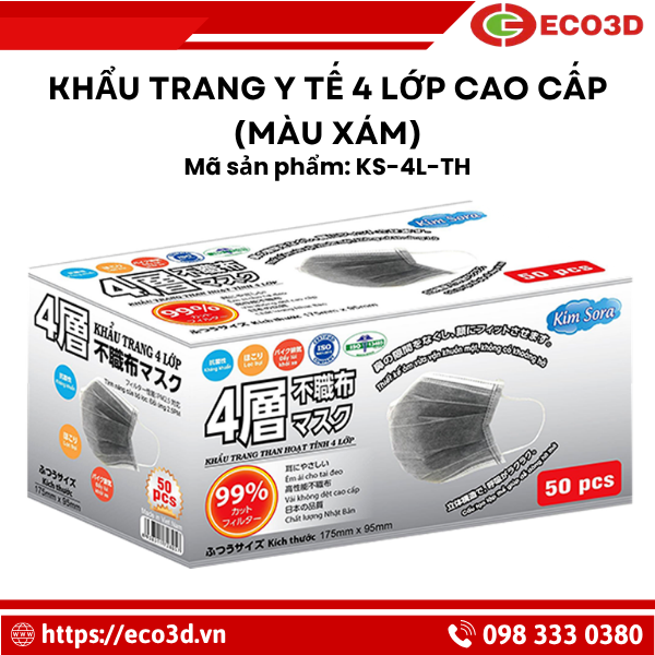 Khẩu trang y tế 4 lớp than hoạt t&iacute;nh Kim Sora (M&agrave;u x&aacute;m)