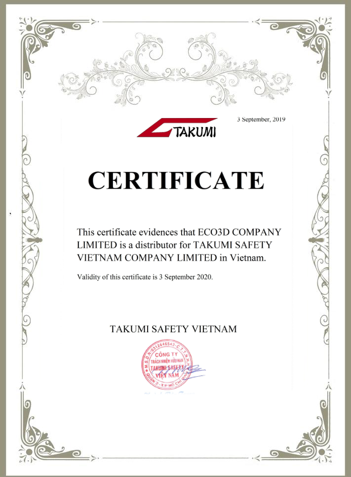 giấy chứng nhận ECO3D là nhà phân phối Takumi