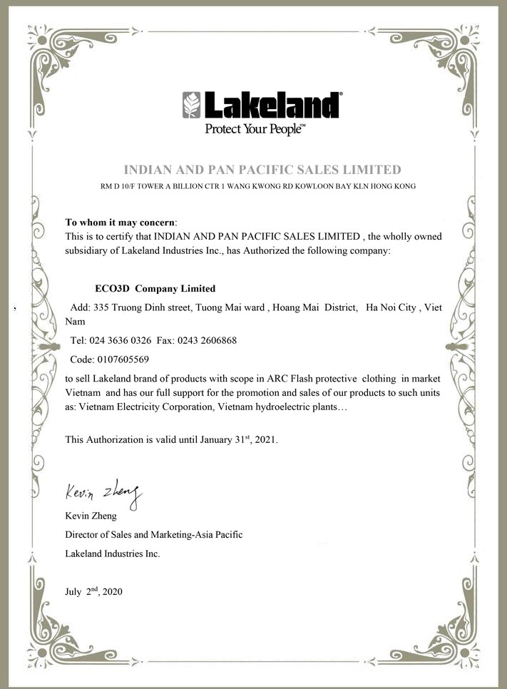 Giấy chứng nhận đại lý phân phối LakeLand