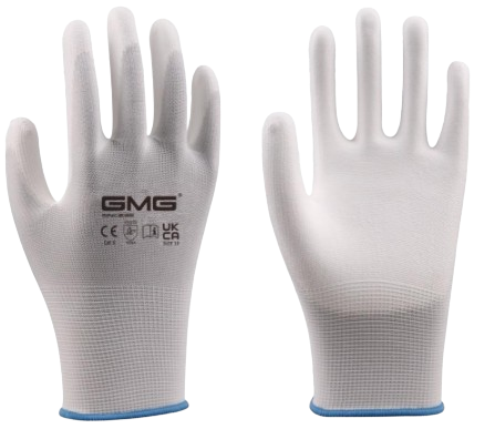 Găng tay nhúng keo lòng bàn tay 13 kim polyester trắng/xám